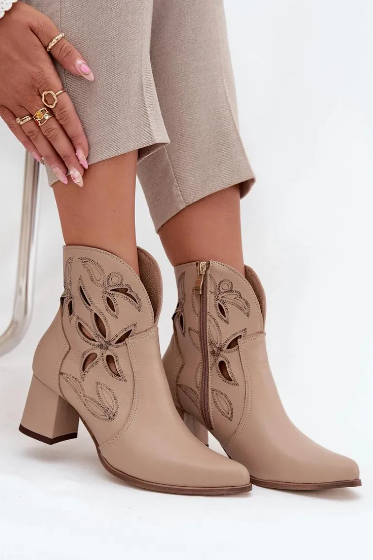 Skórzane Ażurowe Botki Damskie Na Słupku Zazoo 3647 Jasnobeżowe