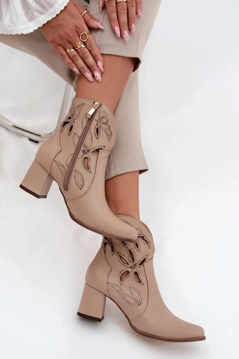 Skórzane Ażurowe Botki Damskie Na Słupku Zazoo 3647 Jasnobeżowe