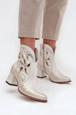 Skórzane Ażurowe Botki Damskie Na Słupku Zazoo 3647 Złoty Przecierany