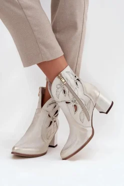 Skórzane Ażurowe Botki Damskie Na Słupku Zazoo 3647 Złoty Przecierany