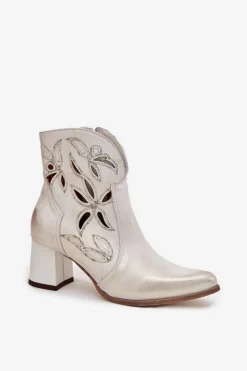 Skórzane Ażurowe Botki Damskie Na Słupku Zazoo 3647 Złoty Przecierany