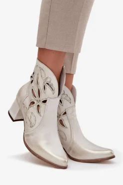 Skórzane Ażurowe Botki Damskie Na Słupku Zazoo 3647 Złoty Przecierany