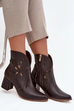 Skórzane Ażurowe Botki Damskie Na Słupku Zazoo 3647 Czekoladowe