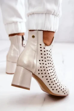 Skórzane Ażurowe Botki Maciejka 05420-04 Beżowe