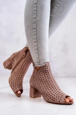 Skórzane Ażurowe Botki Maciejka 05420-10 Ciemnobeżowe