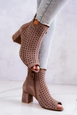 Skórzane Ażurowe Botki Maciejka 05420-10 Ciemnobeżowe