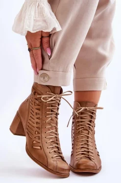 Skórzane Ażurowe Botki Maciejka 05508-10 Ciemnobeżowe