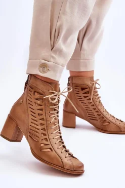 Skórzane Ażurowe Botki Maciejka 05508-10 Ciemnobeżowe