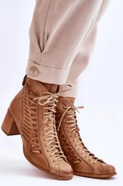 Skórzane Ażurowe Botki Maciejka 05508-10 Ciemnobeżowe