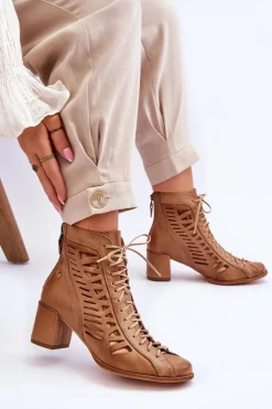 Skórzane Ażurowe Botki Maciejka 05508-10 Ciemnobeżowe