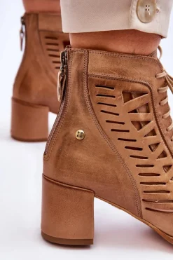 Skórzane Ażurowe Botki Maciejka 05508-10 Ciemnobeżowe