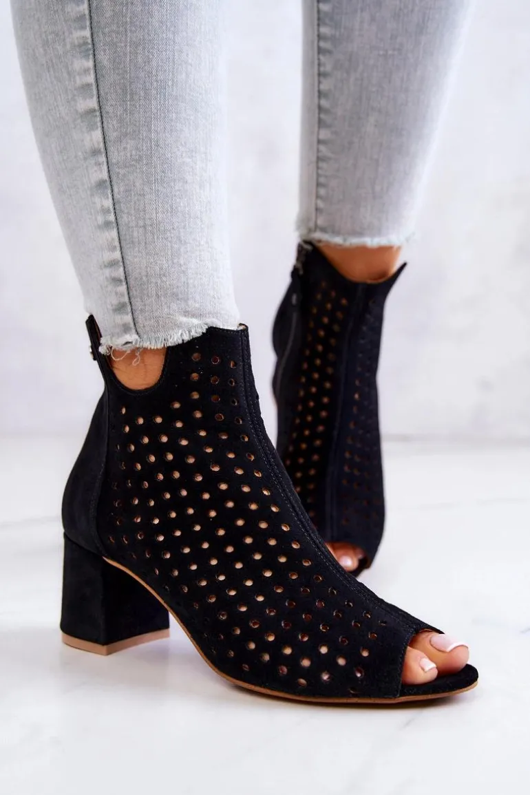 Skórzane Ażurowe Botki Maciejka 05420-43 Czarne