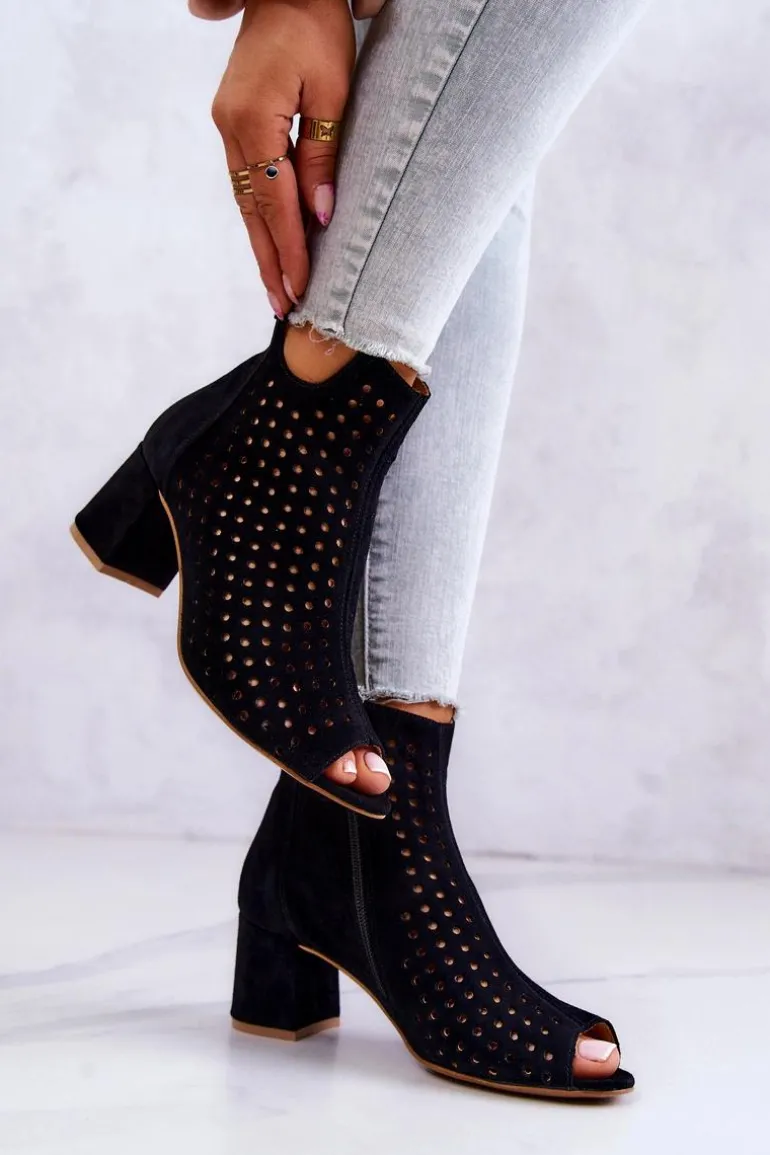 Skórzane Ażurowe Botki Maciejka 05420-43 Czarne