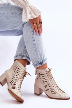 Skórzane Ażurowe Botki Maciejka 05508-22 Jasnobeżowe
