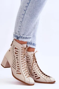Skórzane Ażurowe Botki Maciejka 05508-22 Jasnobeżowe