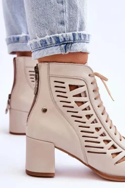 Skórzane Ażurowe Botki Maciejka 05508-22 Jasnobeżowe