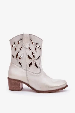 Skórzane Ażurowe Botki Na Obcasie Zazoo 3621 Złoty Przecierany