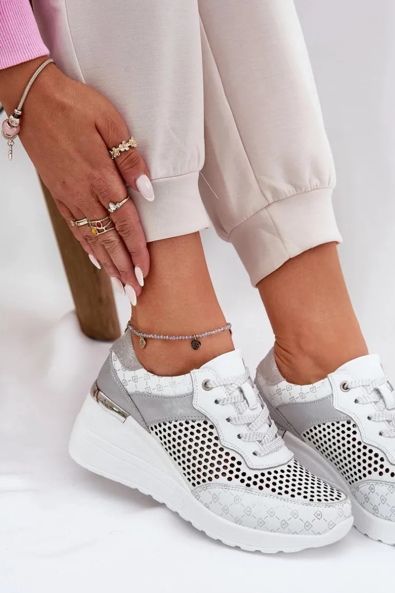 Skórzane Ażurowe Buty Sportowe Sneakersy Na Koturnie S.Barski LR51-641 Białe