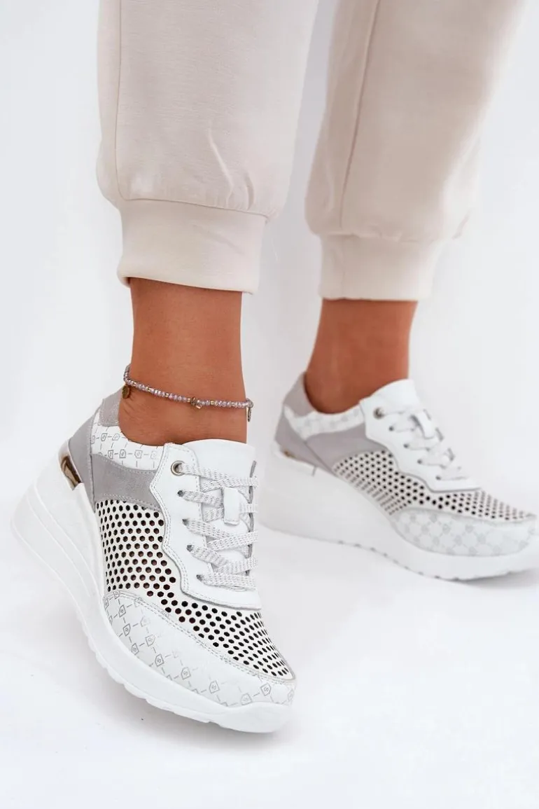 Skórzane Ażurowe Buty Sportowe Sneakersy Na Koturnie S.Barski LR51-641 Białe