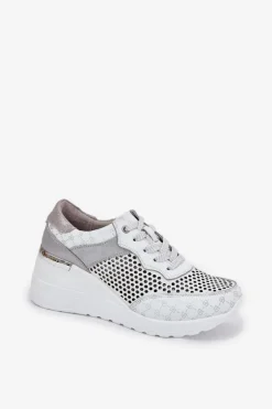 Skórzane Ażurowe Buty Sportowe Sneakersy Na Koturnie S.Barski LR51-641 Białe