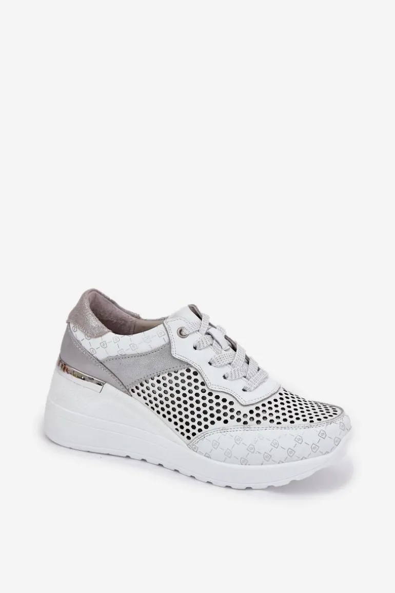 Skórzane Ażurowe Buty Sportowe Sneakersy Na Koturnie S.Barski LR51-641 Białe