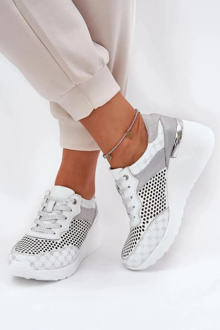 Skórzane Ażurowe Buty Sportowe Sneakersy Na Koturnie S.Barski LR51-641 Białe