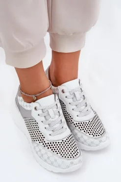 Skórzane Ażurowe Buty Sportowe Sneakersy Na Koturnie S.Barski LR51-641 Białe