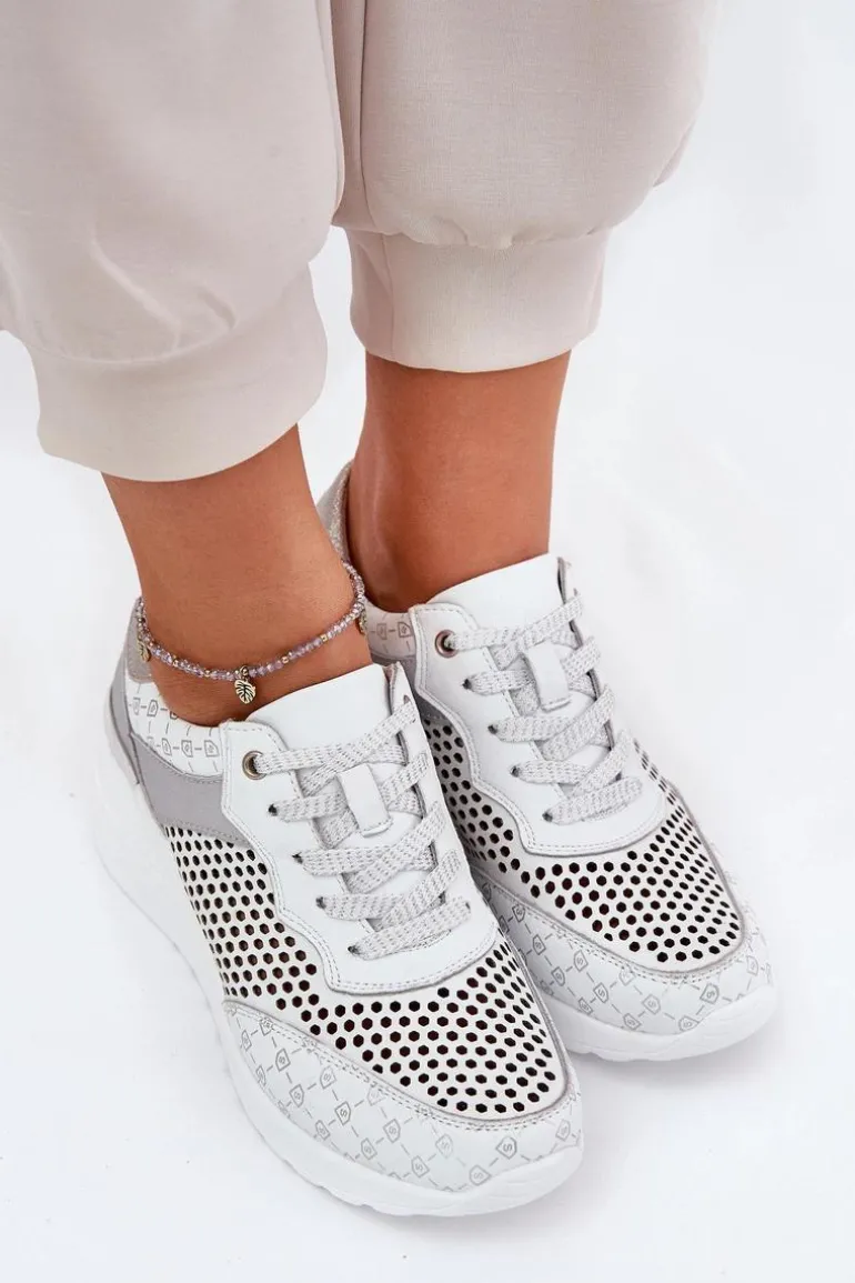 Skórzane Ażurowe Buty Sportowe Sneakersy Na Koturnie S.Barski LR51-641 Białe