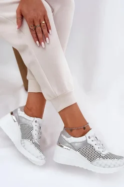 Skórzane Ażurowe Buty Sportowe Sneakersy Na Koturnie S.Barski LR51-641 Białe