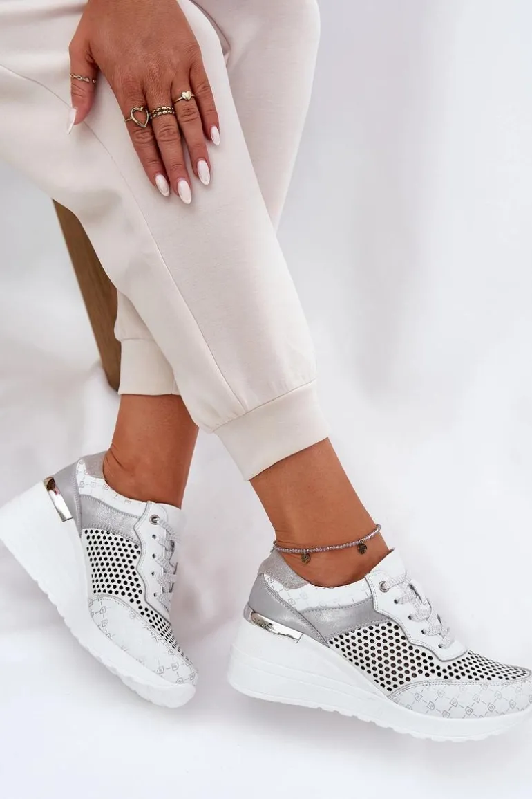 Skórzane Ażurowe Buty Sportowe Sneakersy Na Koturnie S.Barski LR51-641 Białe