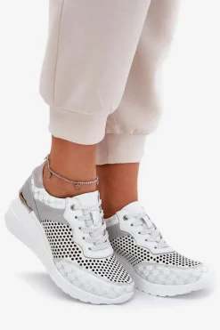 Skórzane Ażurowe Buty Sportowe Sneakersy Na Koturnie S.Barski LR51-641 Białe