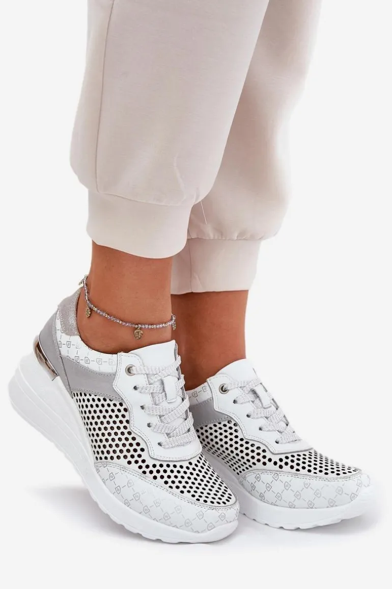 Skórzane Ażurowe Buty Sportowe Sneakersy Na Koturnie S.Barski LR51-641 Białe