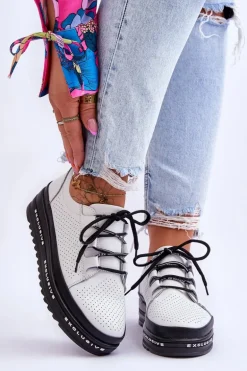 Skórzane Ażurowe Buty Sportowe Białe Leonor