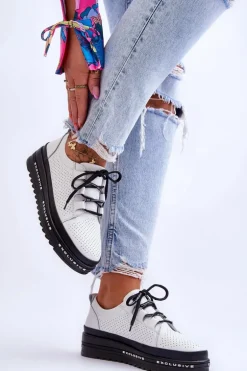 Skórzane Ażurowe Buty Sportowe Białe Leonor