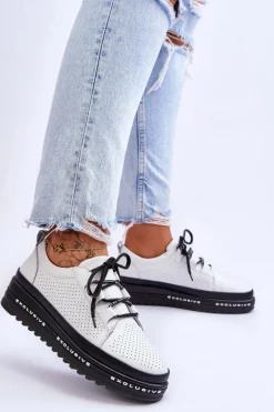 Skórzane Ażurowe Buty Sportowe Białe Leonor