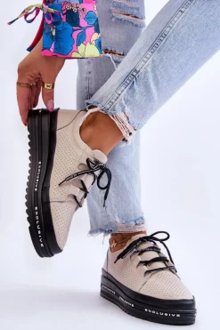 Skórzane Ażurowe Buty Sportowe Beżowe Leonor