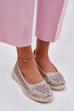 Skórzane Ażurowe Lekkie Baleriny Złote Leaneila