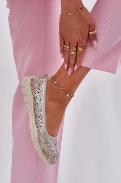 Skórzane Ażurowe Lekkie Baleriny Złote Leaneila