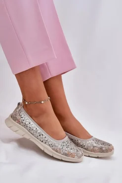Skórzane Ażurowe Lekkie Baleriny Złote Leaneila