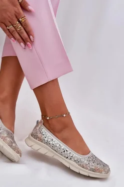 Skórzane Ażurowe Lekkie Baleriny Złote Leaneila