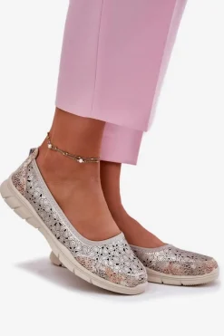 Skórzane Ażurowe Lekkie Baleriny Złote Leaneila