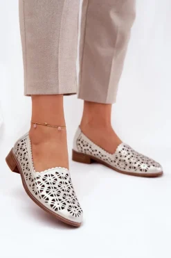 Skórzane Ażurowe Mokasyny Damskie S.Barski LR51-646 Złote