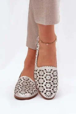 Skórzane Ażurowe Mokasyny Damskie S.Barski LR51-646 Złote