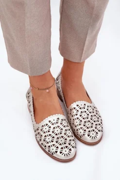 Skórzane Ażurowe Mokasyny Damskie S.Barski LR51-646 Złote