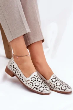 Skórzane Ażurowe Mokasyny Damskie S.Barski LR51-646 Złote