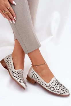 Skórzane Ażurowe Mokasyny Damskie S.Barski LR51-646 Złote