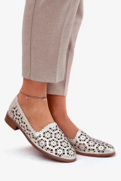 Skórzane Ażurowe Mokasyny Damskie S.Barski LR51-646 Złote