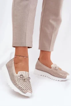 Skórzane Ażurowe Półbuty Damskie Z Naturalnej Skóry D&A LR51-631 Złote