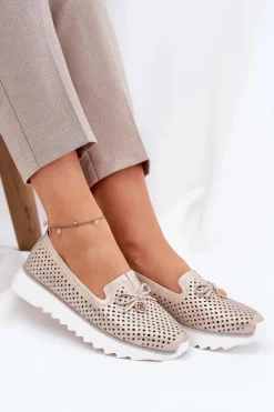 Skórzane Ażurowe Półbuty Damskie Z Naturalnej Skóry D&A LR51-631 Złote