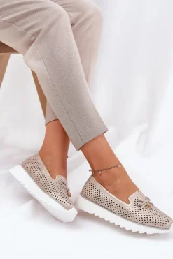 Skórzane Ażurowe Półbuty Damskie Z Naturalnej Skóry D&A LR51-631 Złote